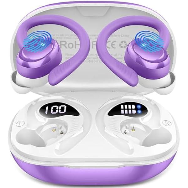 Wireless Earbuds Sport, 2025 Bluetooth 5.4 Headphones with Earhooks, 50H Stereo Deep Bass Over Ear Buds with 4 ENC Noise Canceling Mics, IP7 Waterproof Earphones for Running Workout Gym -Purple
