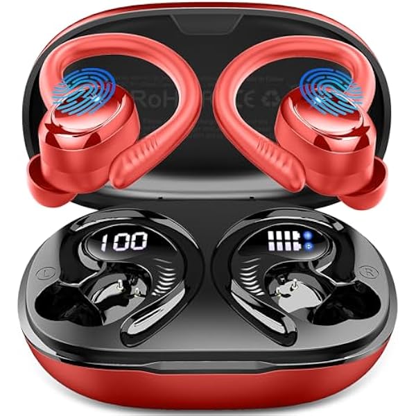Wireless Earbuds Sport, 2025 Bluetooth 5.4 Headphones with Earhooks, 50H Stereo Deep Bass Over Ear Buds with 4 ENC Noise Canceling Mics, IP7 Waterproof Earphones for Running Workout Gym -Red