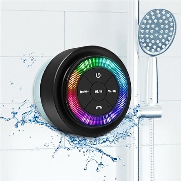 XLeader Shower Speaker, Upgraded,Certified IPX7 Waterproof, Mini Bluetooth Wireless Small Speaker with Lights, Suction Cup and Mic for Bathroom, Crystal Sound&Bass,12H Playtime, Ideal Electronic Gifts