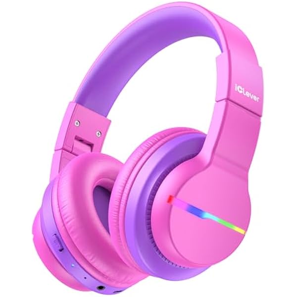iClever BTH12 Kids Bluetooth Headphones,Colorful LED Lights,74/85dBA Safe Volume,85H Playtime,Fast Charging,Bluetooth 5.2,Over Ear Kids Headphones Wireles for iPad/Tablet/Airplane,Hot Pink