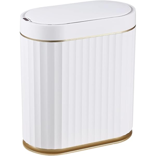 ELPHECO Automatic Motion Sensor Trash Can - 2 Gallon Slimline for Bathroom, Bedroom, Kitchen, Office - White with Gold Trim