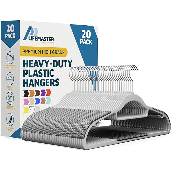 Lifemaster Plastic Clothes Hanger Set - 20 Pieces Versatile, Lightweight, Space-Saving, Non-Slip, Slim Designed, Dry and Wet Clothes Hanger Set with 360° Swivel Hook and Rubber Coating - Gray