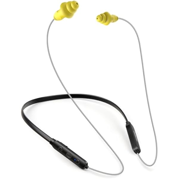 HomeSpot Noise Reduction Wireless Neckband Headphones with Qualcomm aptX HD, 27dB NRR, CVC Noise Cancelling Mic & Controls, 20H Playtime for Work Safety OSHA Compliant - Gray Wire Yellow Earbuds