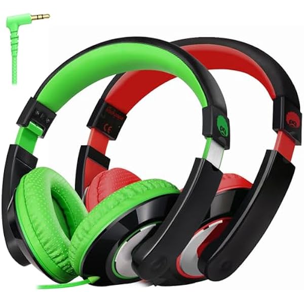 rockpapa Comfort Kids Headphones for School, Lightweight Childrens Boys Girls Teens Over-Ear Headphones Wired 3.5mm for CD DVD Player Tablet Phone Travel Black/Green+Black/Red