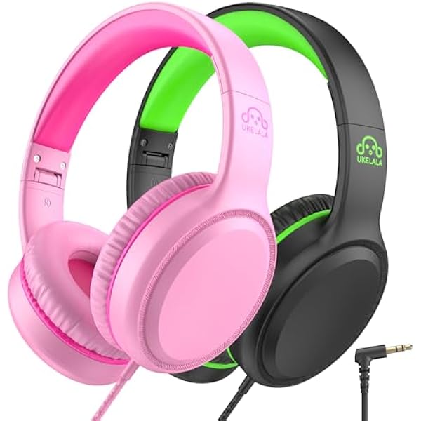 U2 2 Pcs Wired Headphones for Kids Boys Girls, On Ear Youth Headphones for School Airplane Travel, Lightweight Portable Compatible with Tablet Computer Laptop for Adults Student Green & Pink