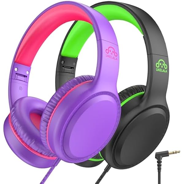 U2 2 Pcs Wired Headphones for Kids Boys Girls, On Ear Youth Headphones for School Airplane Travel, Lightweight Portable Compatible with Tablet Computer Laptop for Adults Student Green & Purple