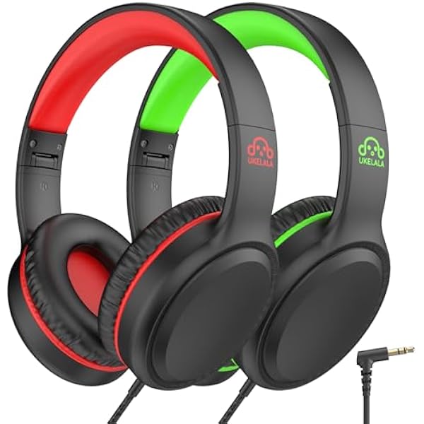 U2 2 Pcs Wired Headphones for Kids Boys Girls, On Ear Youth Headphones for School Airplane Travel, Lightweight Portable Compatible with Tablet Computer Laptop for Adults Student Green & Red