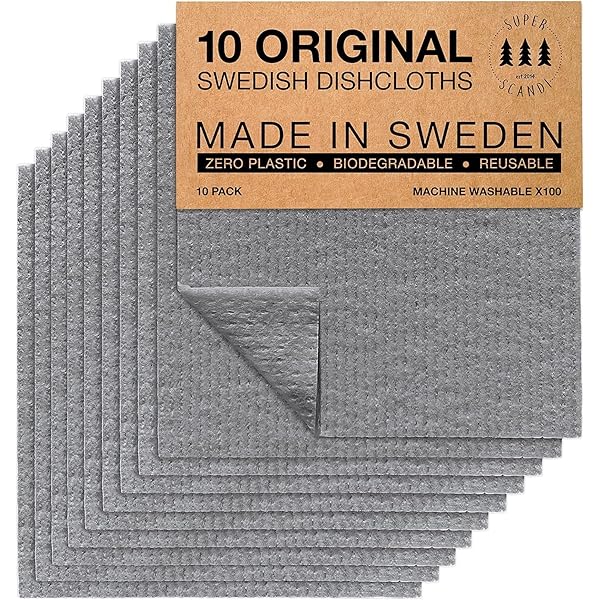 SUPERSCANDI 10 Pack Swedish Dishcloths for Kitchen - 100% Biodegradable & Compostable Reusable Paper Towels Washable, Food-Safe & Without Plastic - Dish Rags Suitable for Any Surface, Grey