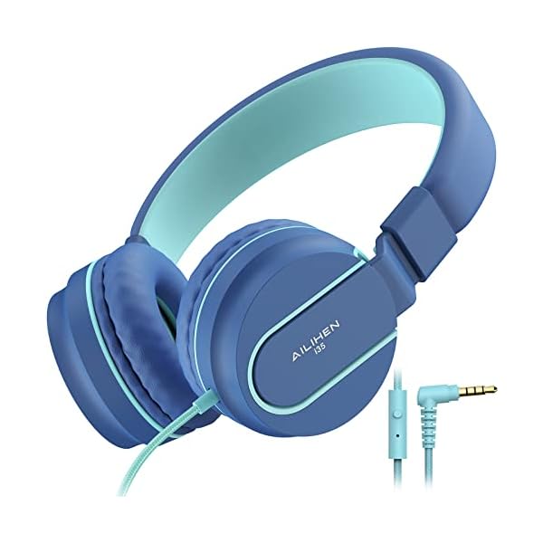 AILIHEN Kids Headphones, I35 On-Ear Headphones for School, Safe Volume 93dB, HD Mic Stereo Headphone for Kid Girls Boys, Foldable 3.5mm Wired for Chromebook, Laptop, Computer, Tablet (Blue)
