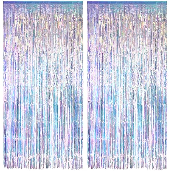 Iridescent Party Streamers Backdrop - GREATRIL Neon Transparent Holographic Tinsel Foil Fringe Curtain for Mermaid/Frozen/Sea/Euphoria/ERAS Party Theme Decorations 3.2ft x 6.5ft 2 PCS