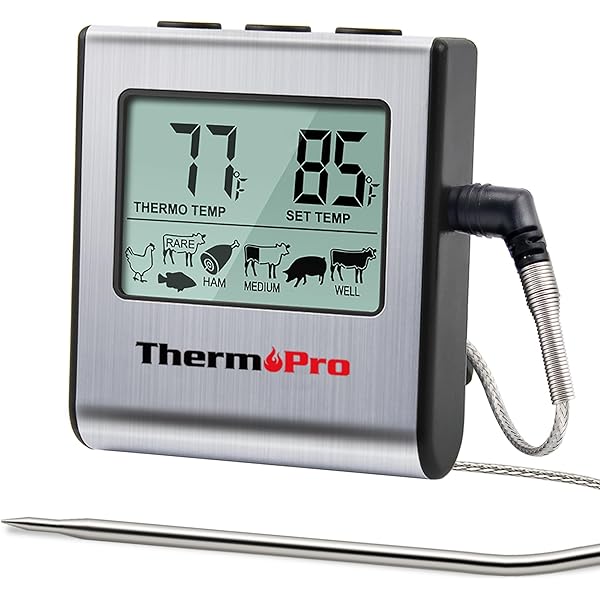 ThermoPro TP16 Large LCD Digital Cooking Food Meat Thermometer for Smoker Oven Kitchen BBQ Grill Thermometer Clock Timer with Stainless Steel Temperature Probe