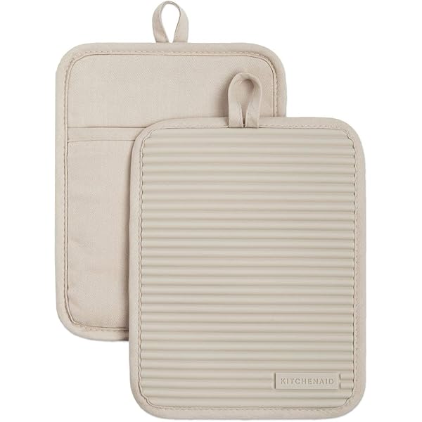 KitchenAid Ribbed Soft Silicone Pot Holder 2-Pack Set, Milkshake Tan, 7"x9"