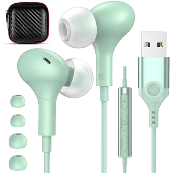 USB Headphones with Microphone for Laptop, 7.5ft Magnetic Wired Earbuds Noise Canceling in-Ear Earphones with Mute Volume Control Stereo Bass for PC Desktop Dell HP Acer Laptop Meetings,Teens,Green