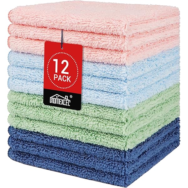 HOMEXCEL Microfiber Washcloths 12 Pack, Highly Absorbent and Soft Face Towel, Multi-Purpose Wash Cloths for Bathroom, Gym, Hotel, Spa and Kitchen, Multicolor 12x12 Inch