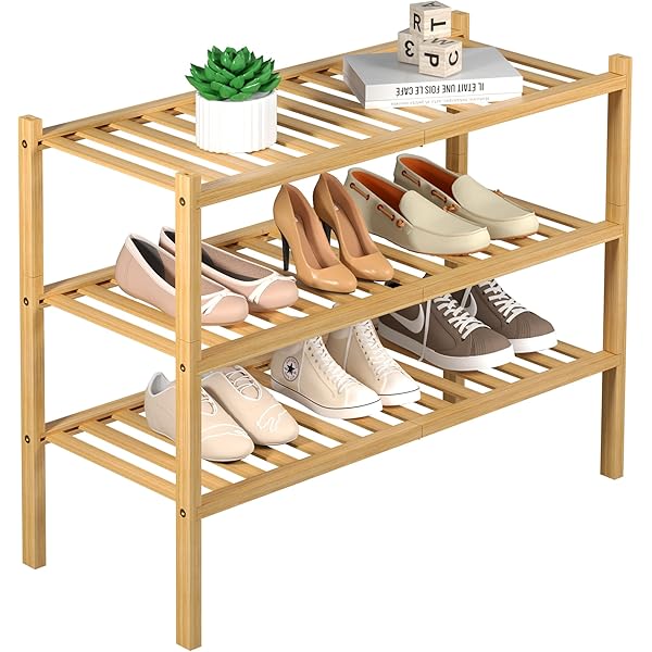 3 Tier Bamboo Shoe Rack for Closet Free Standing Wood Shoe Shelf Storage Organizer for Entryway Small Space Stackable 27"x11"x20" (Natural)