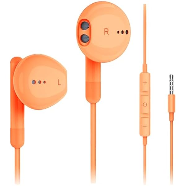Kimwood Wired Earbuds with Microphone, Wired Earphones in-Ear Headphones HiFi Stereo, Powerful Bass and Crystal Clear Audio, Compatible with iPhone, Android, Computer Most with 3.5mm Jack(Orange)