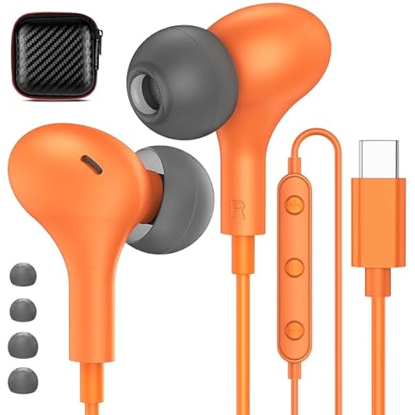 USB C Headphones for iPhone 17 16 15 Pro Galaxy S25 Wired Earbuds with Microphone for Samsung S24 S23 S22 S21 S20 FE Ultra, Magnetic Noise Canceling in-Ear Type C Earpone for iPad 10 Pixel 9 8, Orange