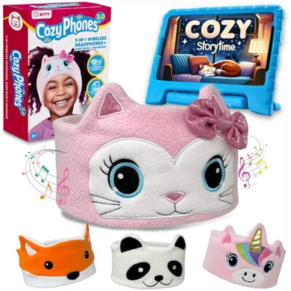 Toddler Headphones Wireless, Kids Bluetooth Earphones, Safe Volume - Wired School Headphones for Kids with 3.5 MM Jack and Travel Bag - Toddler Airplane Accessories for Boys & Girls - Kitty