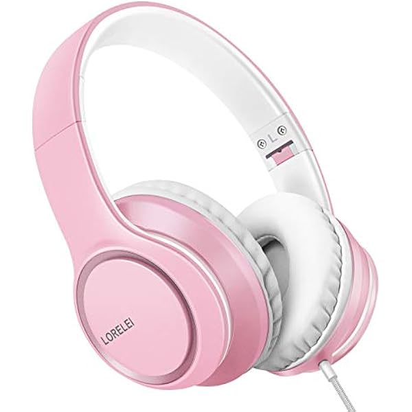 LORELEI X8 Over-Ear Wired Headphones with Microphone with 1.45m-Tangle-Free Nylon Line&3.5mm Plug,Lightweight Foldable & Portable Headphones for Smartphone,Tablet,Computer,Mp3/4（Pearl Pink）
