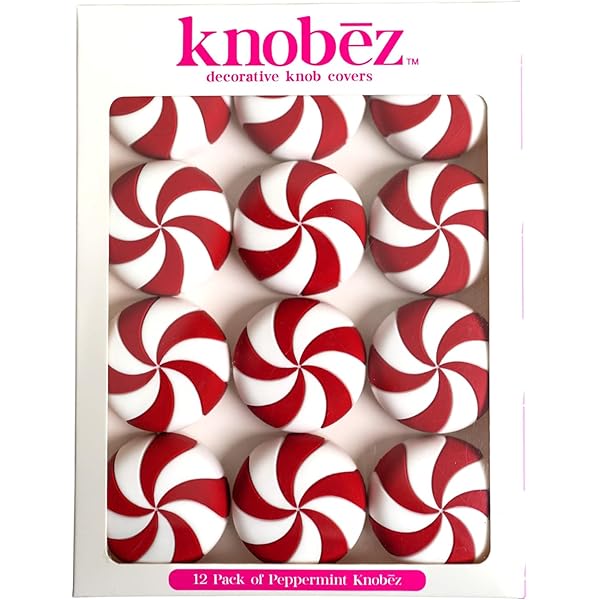 Knobēz: Decorative Knob Covers - Red Peppermint - 12pk - Stretch Over Hardware Decorations, Holiday-Winter-Christmas, Kitchen-Bathroom-Dressers-Home