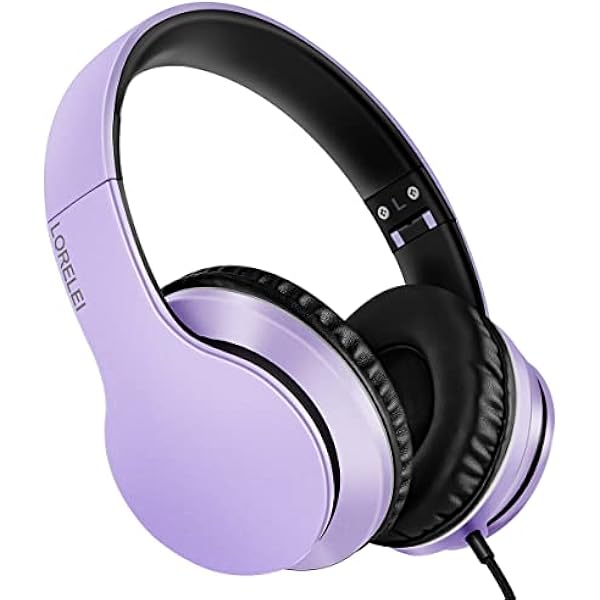 Lorelei X6 Over-Ear Headphones with Microphone, Purple-Black Lightweight Foldable & Portable Stereo Bass, Wired for Smartphone & Tablet, MP3 (1.45M No-Tangle)