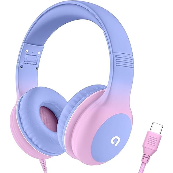 Wired Kids Headphones with USB C Plug, 85dB Volume Limiting Safe Hearing Protection, Adjustable Headband, Tangle-Free Cord Headphones for School, Tablet, Travel(Gradient Purple)
