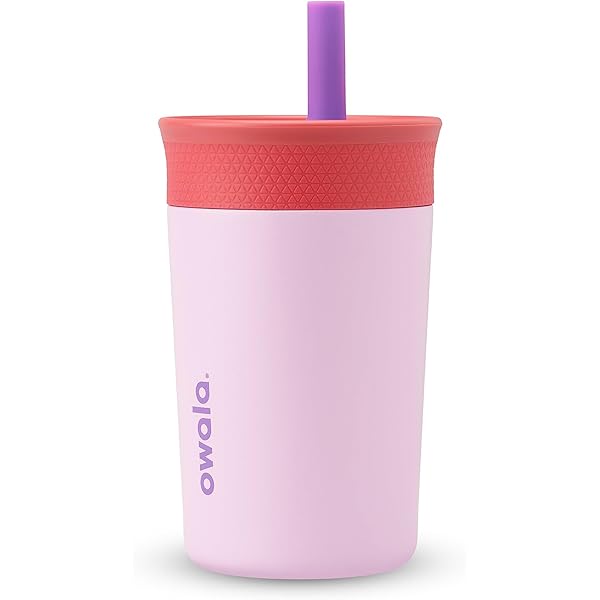 Owala Kids Insulation Stainless Steel Tumbler with Spill Resistant Flexible Straw, Easy to Clean, Kids Water Bottle, Great for Travel, Dishwasher Safe, 12 Oz, Pink and Purple (Lilac Rocket)