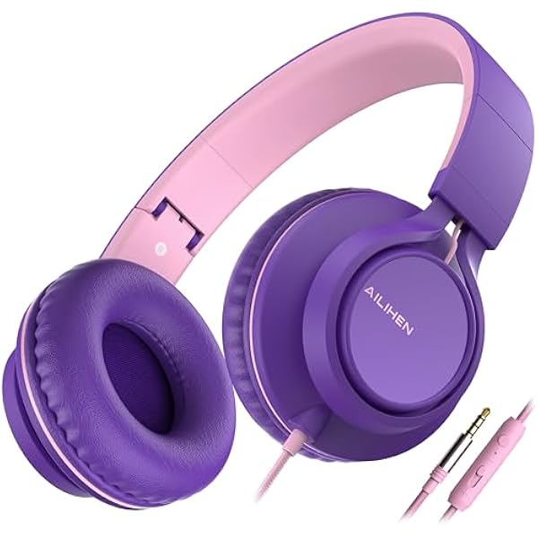 AILIHEN C8 Girls Headphones, On-Ear Headphones Wired with Microphone and Volume Control Foldable Corded Stereo 3.5mm Headset for Girls School Chromebook Laptop Computer PC Tablets Travel (Purple Pink)