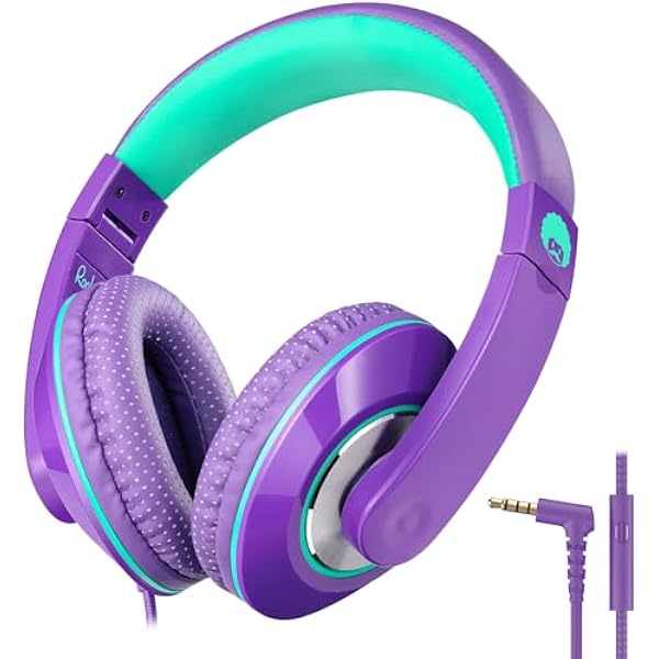rockpapa Comfort+ Kids Headphones with Microphone, Boys Girls Student Over-Ear Headphones Wired Foldable for School Classroom Laptop PC Computer Tablet Purple Green