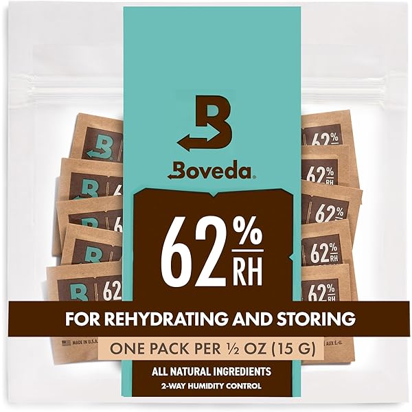 Boveda 62% Two-Way Humidity Control Packs For Storing ½ oz – Size 4 – 10 Pack – Moisture Absorbers for Small Storage Containers – Humidifier Packs – Hydration Packets in Resealable Bag