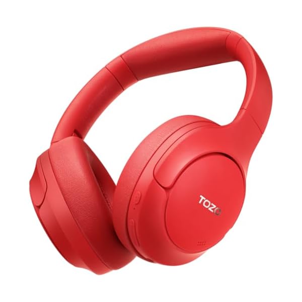 TOZO HT2 Hybrid Active Noise Cancelling Headphones, Wireless Over Ear Bluetooth Headset, 60H Playtime, Hi-Res Audio Custom EQ via App Deep Bass Comfort Fit Ear Cups, for Home Office Travel Red