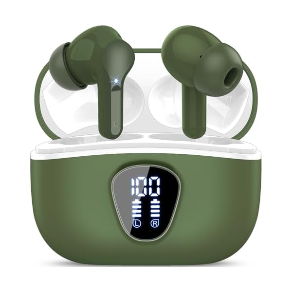 Wireless Earbuds, Bluetooth 5.4 Headphones HiFi Stereo, Bluetooth Earbuds with ENC Noise Cancelling Mic, IP7 Waterproof in Ear Earphones, 48H, LED Display Ear buds for Pad Workout Sports, Retro Green