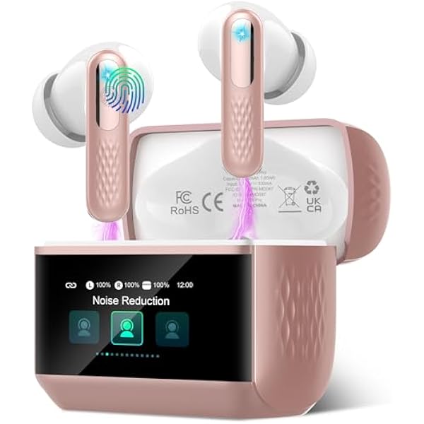 Wireless Earbuds, Bluetooth 5.4 Headphones with Multifunction Touch Screen, 48H Deep Bass Stereo Ear Buds, 5 EQ Modes, ANC/ENC Noise Cancelling, Transparency Mode, IPX7 Bluetooth Earbuds, Rosa
