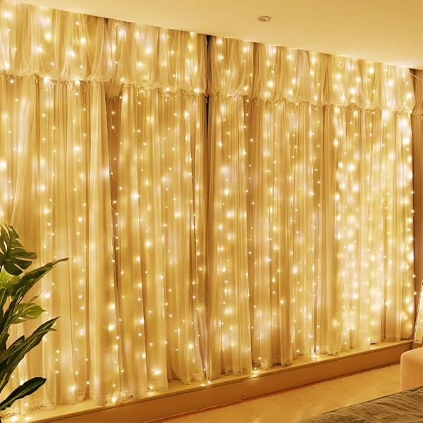 HXWEIYE 300LED Fairy Curtain Lights, 9.8x9.8Ft USB Plug-in 8 Modes Christmas String Hanging Lights with Remote for Bedroom Backdrop Wedding Party Indoor Wall Decor, Warm White, Standard