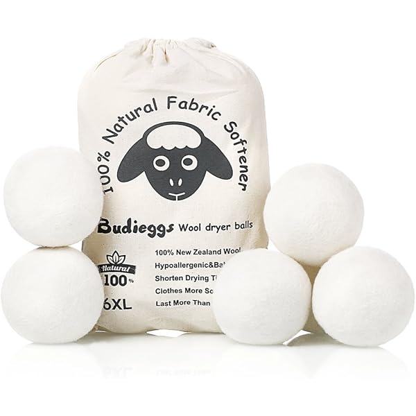 Wool Dryer Balls Organic XL 6-Pack, 100% New Zealand Chemical Free Fabric Softener for 1000+ Loads, Baby Safe & Hypoallergenic, Reduce Wrinkles & Shorten Drying Time Naturally