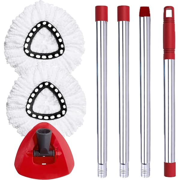 Spin Mop Head, Base, Handle Replacement for O-Ceda EasyWring Microfiber Spin Mops, 2 Microfiber Mop Refills, 1 Triangle Head Cover and 30-58in Handle Set Combo (White(1 Tank System))