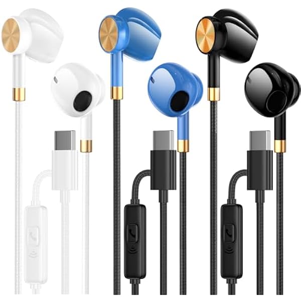 USB C Headphones Earbuds 3 Pack - USB C Earphones Noise Isolating, in-Ear Type C Ear Buds Wired with Microphone Heavy Bass Compatible with Phones, Android and Other Interfaces (Type C)