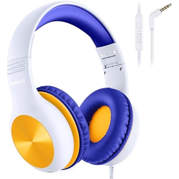 Kids Headphones with MIC, Over-Ear Headphones for Kids with Cord, HD Sound, Safe Volume Limit, Sharing Function, Kid Headset for Boys Girls, Toddler Headphone for School, Tablet, White Orange