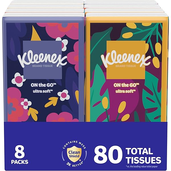 Kleenex On-The-Go Facial Tissues, 8 On-The-Go Packs, 10 Tissues per Box, 3-Ply (80 Total), Packaging May Vary