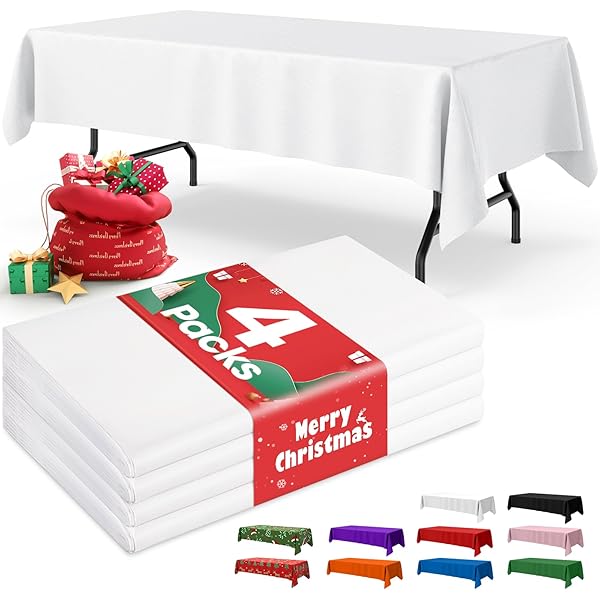 White Plastic Table Cloth - 4 Pack 54" × 108" Rectangle Disposable Tablecloths for 6FT Tables, Waterproof Table Cover for Party, Holiday & Gathering Use