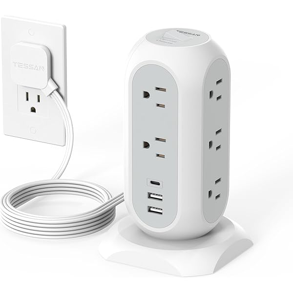 Tower Power Strip Flat Plug with 11 Outlets 3 USB (1 USB C), TESSAN Surge Protector Tower 1625W/13A,1050J Protection, 6 Feet Extension Cord with Multiple Outlets, Office Desk Supplies, Dorm Essentials