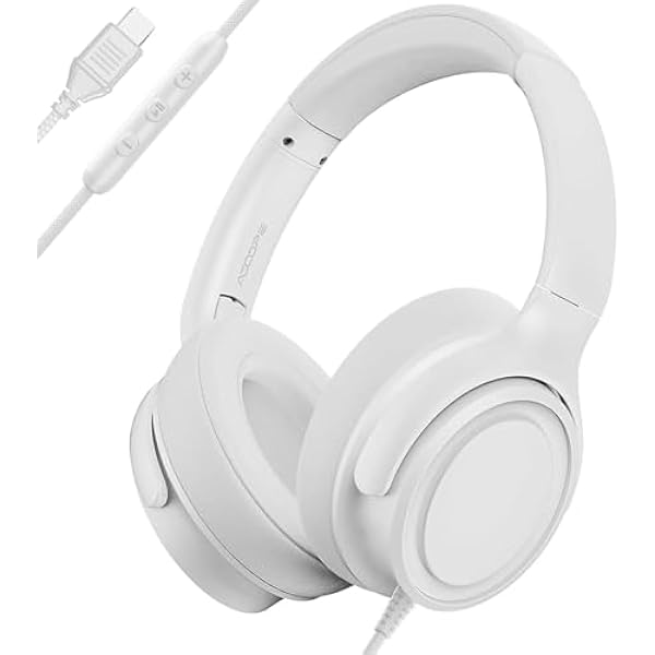 Wired Over-Ear Headphones with USB C Connector, Hi-Fi Stereo Sound, Noise-Isolating Ear Cups, Comfortable Fit for USB C Devices (No Bag, White)