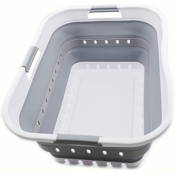 SAMMART 42L (11 gallon) Collapsible Plastic Laundry Basket - Foldable Pop Up Storage Container/Organizer - Space Saving Hamper/Basket (1, White/Grey)