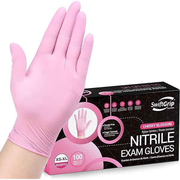 Pink Nitrile Gloves, 3-mil, Industrial Gloves Disposable Latex Free, for Cleaning & Esthetician, Rubber Powder-Free, 100-ct Box (Small)