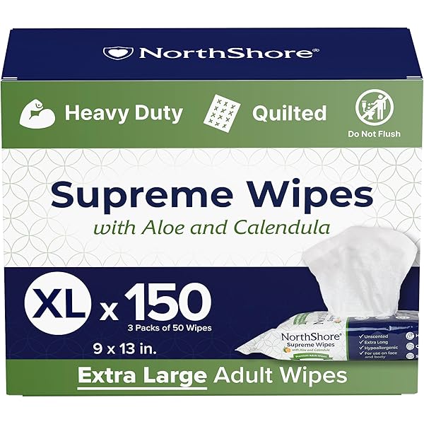 NorthShore Supreme Adult Wipes XL 9x13, Unscented, Heavy-Duty Quilted, 150 Count (3 Packs of 50)