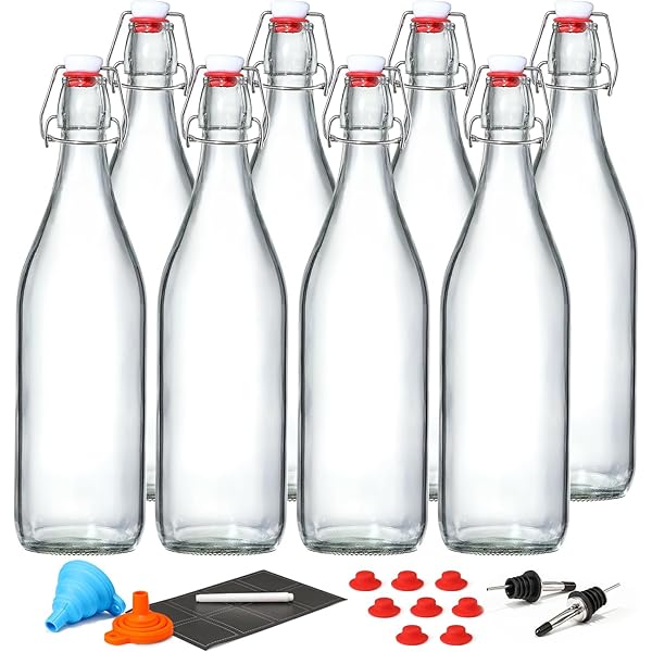 8 Pack [1 L / 33 fl. oz.] Swing Top Glass Bottles w/Airtight Stopper Lids – Flip Top Brewing Bottle for Fermentation, Kombucha, Mead, Vinegar, Beer, Kefir, Wine, Soda – With 8 Extra Seals & 2 Pourers