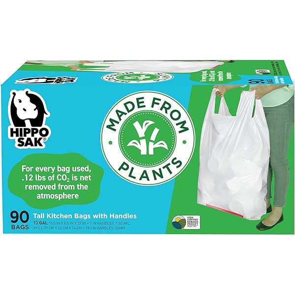 Hippo Sak - Plant Based Tall Kitchen Garbage Bags with Ergonomic Handles - 13 Gallon Trash Bags - Recyclable & Eco Friendly - Super Strong and Leak Proof Tall Kitchen Trash Bags (90 Count)