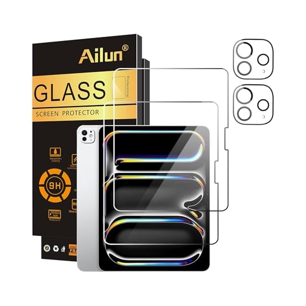 Ailun 2 Pack Screen Protector for iPad Pro 13 Inch 2025/2024 [8th/7th Generation,M5/M4] + 2 Pack Camera Lens Protector,Tempered Glass Case Friendly, Face ID Apple Pencil Compatible 4 Pack