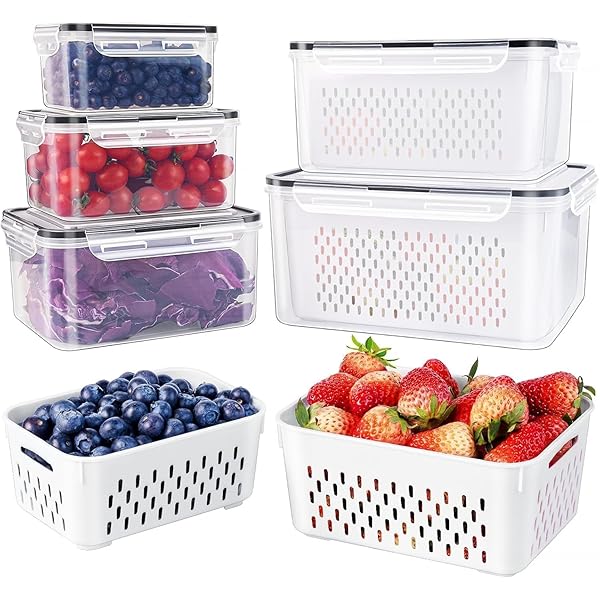 5 PCS Large Fruit Containers for Fridge - Leakproof Food Storage Containers with Removable Colander - Dishwasher & microwave safe Produce Containers Keep Fruits, Vegetables, Berry, Meat Fresh longer