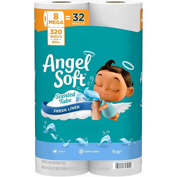 Angel Soft Toilet Paper with Fresh Linen Scented Tube, 8 Mega Rolls = 32 Regular Rolls, Soft and Strong Toilet Tissue